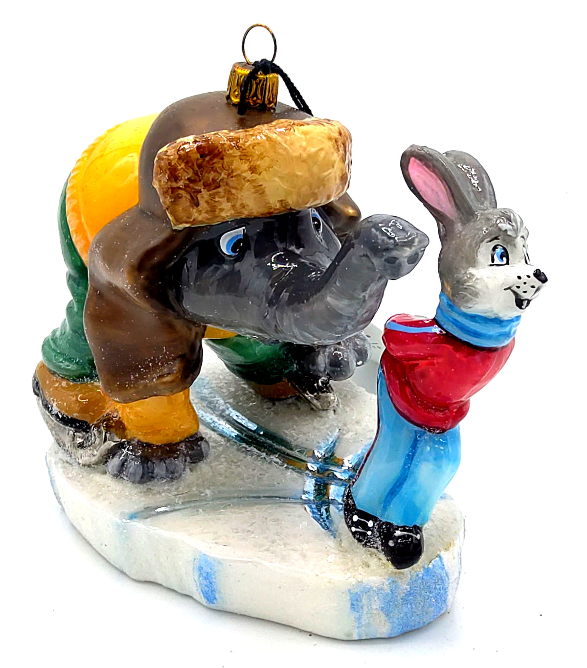 Christbaumschmuck Komozja Elefant und Hase fahren Schlittschuh
