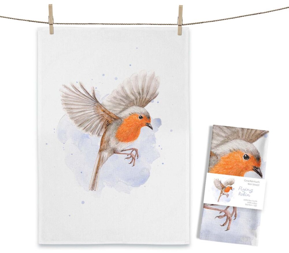 Weißes MALUU Baumwolle Geschirrtuch mit dem winterlich-zarten Aquarell-Motiv eines kleinen Rotkehlchens auf einem Zweig.
