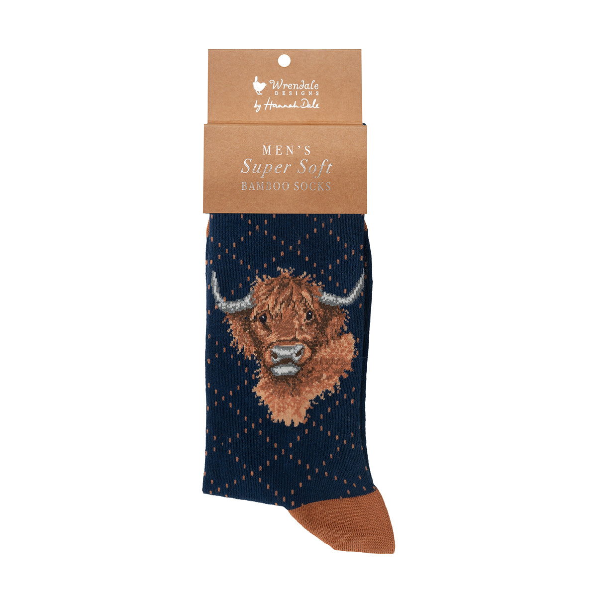 Wrendale Designs Bambussocken für Herren mit Highlandrind-Motiv auf weißem Hintergrund.