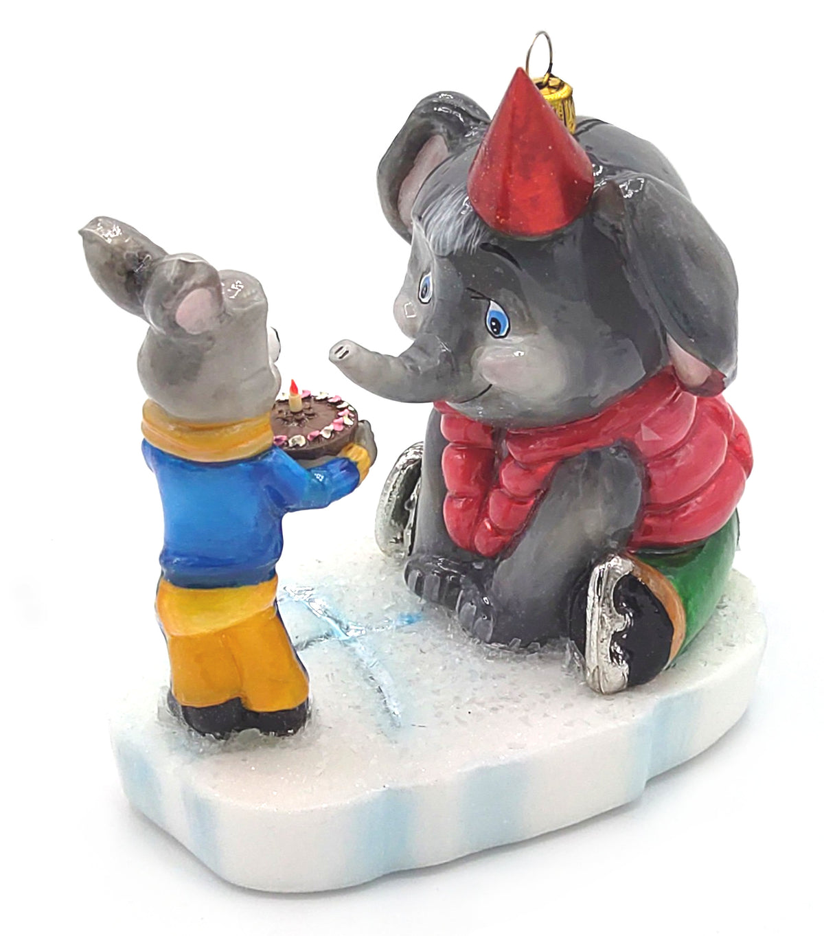 Christbaumschmuck Komozja Elefant und Hase auf dem Eis