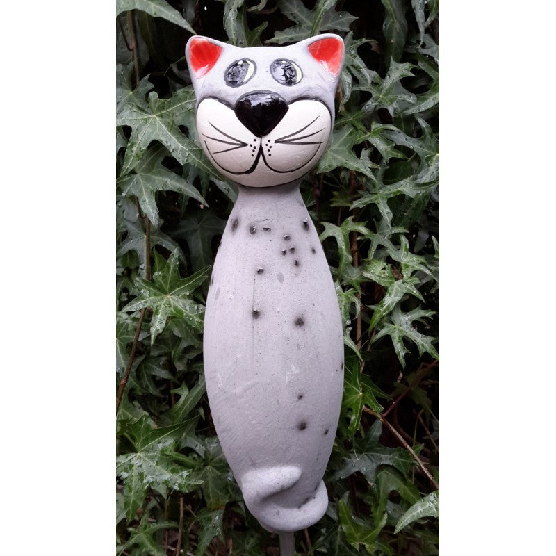 Gartenstecker Keramik-Katze grau – Gartenschätze Online