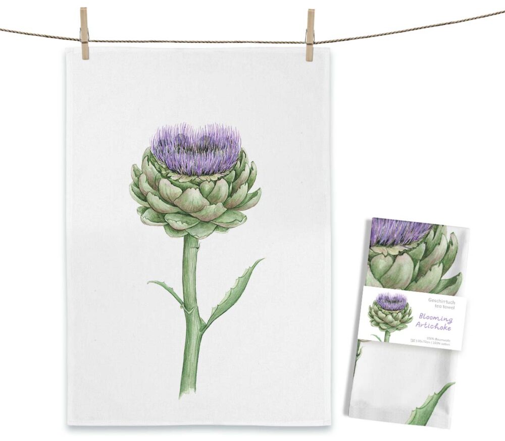 Geschirrtuch MALUU "Blooming Artichoke", Aquarell-Design, OEKO-TEX® zertifiziert