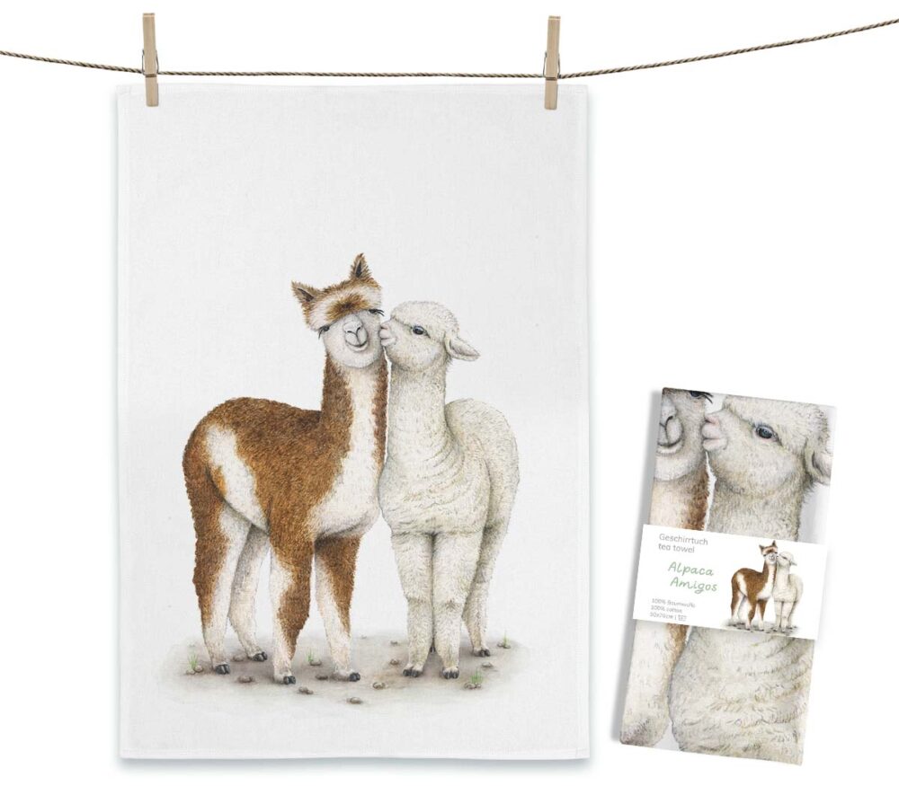Weißes MALUU Baumwolle Geschirrtuch mit dem Aquarell-Motiv Alpaca Amigos, das zwei flauschige Alpakas nebeneinander zeigt.
