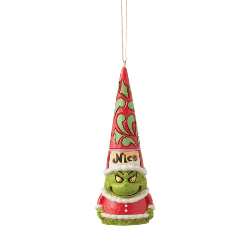 Jim Shore Grinch Gnom-Hängeornament 6017077 als Weihnachtsmann mit hoher, rot-grüner Mustermütze und „Nice“-Schriftzug.