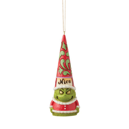 Jim Shore Grinch Gnom-Hängeornament 6017077 als Weihnachtsmann mit hoher, rot-grüner Mustermütze und „Nice“-Schriftzug.