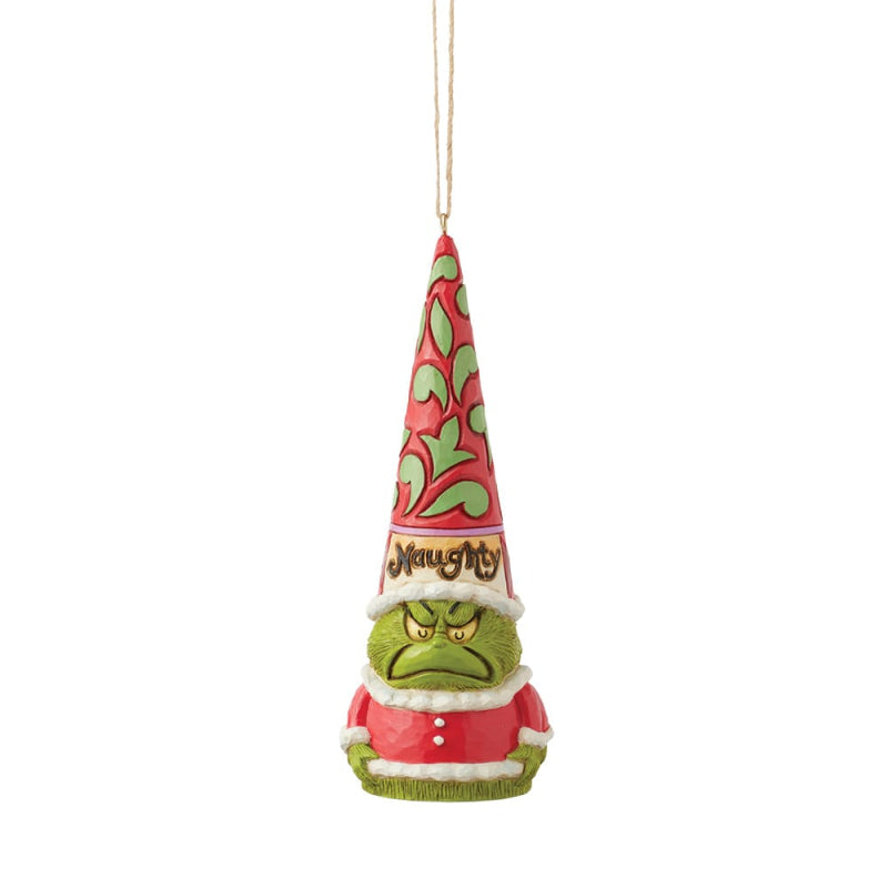 Jim Shore Grinch Gnom-Hängeornament 6017077 als Weihnachtsmann mit hoher, rot-grüner Mustermütze und „Naghty“-Schriftzug.