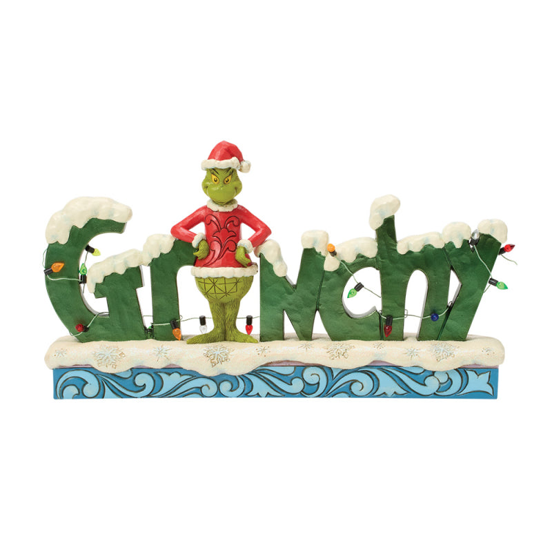 Jim Shore Grinch Figur 6018954: Ein grüner, verschneiter Grinchy-Schriftzug mit Lichterkette, bei dem der Grinch das I bildet.