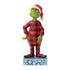 Jim Shore Grinch Figur 6018953 im rot-schwarz karierten Flanellpyjama und einer roten Schlafmütze mit weißem Bommel.