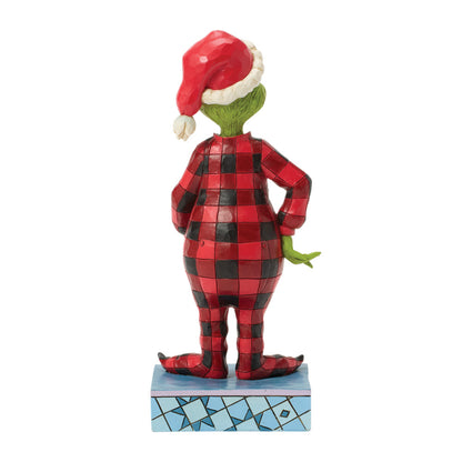 Jim Shore Grinch Figur 6018953 im rot-schwarz karierten Flanellpyjama und einer roten Schlafmütze mit weißem Bommel. Rückseite