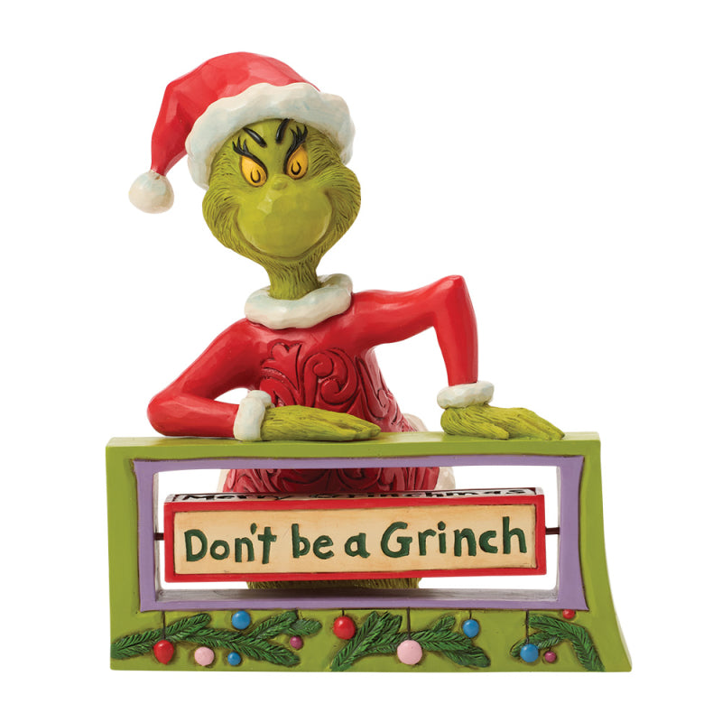 Jim Shore Grinch. Interaktive Sammlerfigur mit drehbarem Schild von Enesco, Modell 6018960.