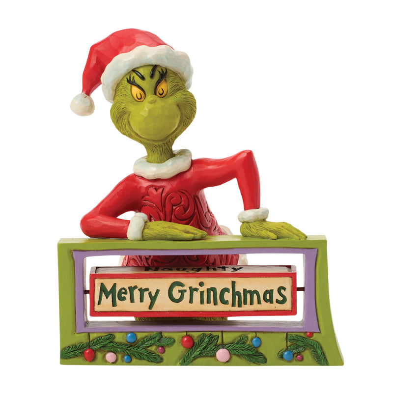 Jim Shore Grinch. Interaktive Sammlerfigur mit drehbarem Schild von Enesco, Modell 6018960. Vorn