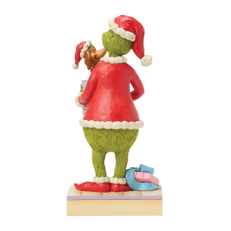 Jim Shore Grinch Figur mit Hund Max, der aus einem Geschenkpaket herausspringt, Modell 6018957.Rückansicht