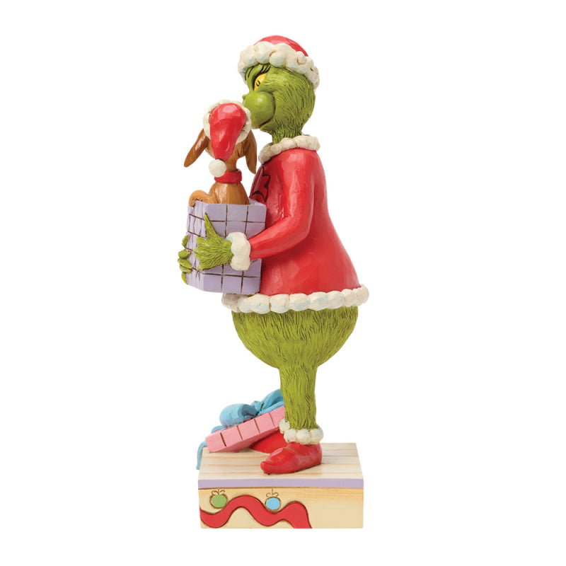 Jim Shore Grinch Figur mit Hund Max, der aus einem Geschenkpaket herausspringt, Modell 6018957.Seite Links