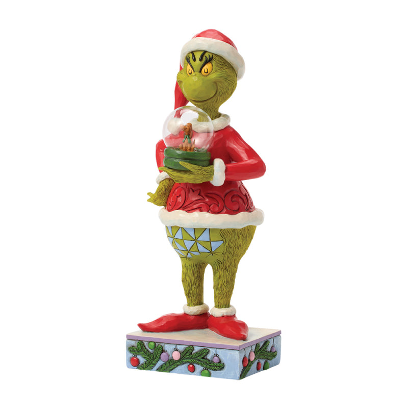 Jim Shore Grinch Figur im Weihnachtsmannkostüm hält eine Schneekugel mit Max und Cindy Lou Who, Modell 6018958