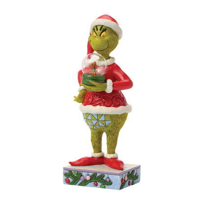 Jim Shore Grinch Figur im Weihnachtsmannkostüm hält eine Schneekugel mit Max und Cindy Lou Who, Modell 6018958