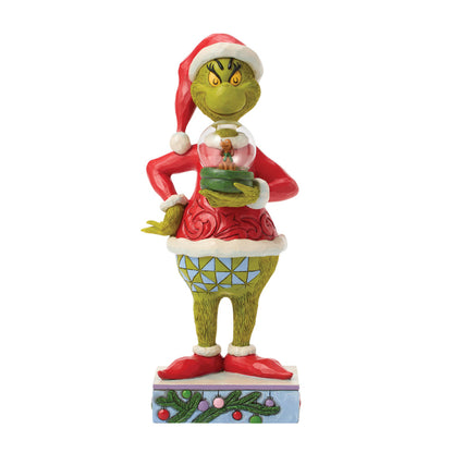 Jim Shore Grinch Figur im Weihnachtsmannkostüm hält eine Schneekugel mit Max und Cindy Lou Who, Modell 6018958