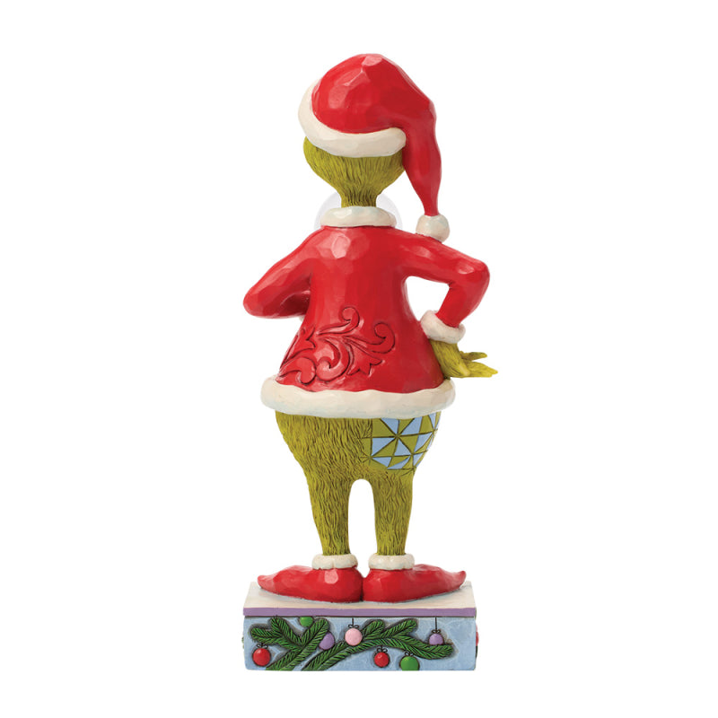 Jim Shore Grinch Figur im Weihnachtsmannkostüm hält eine Schneekugel mit Max und Cindy Lou Who, Modell 6018958.Rückansicht