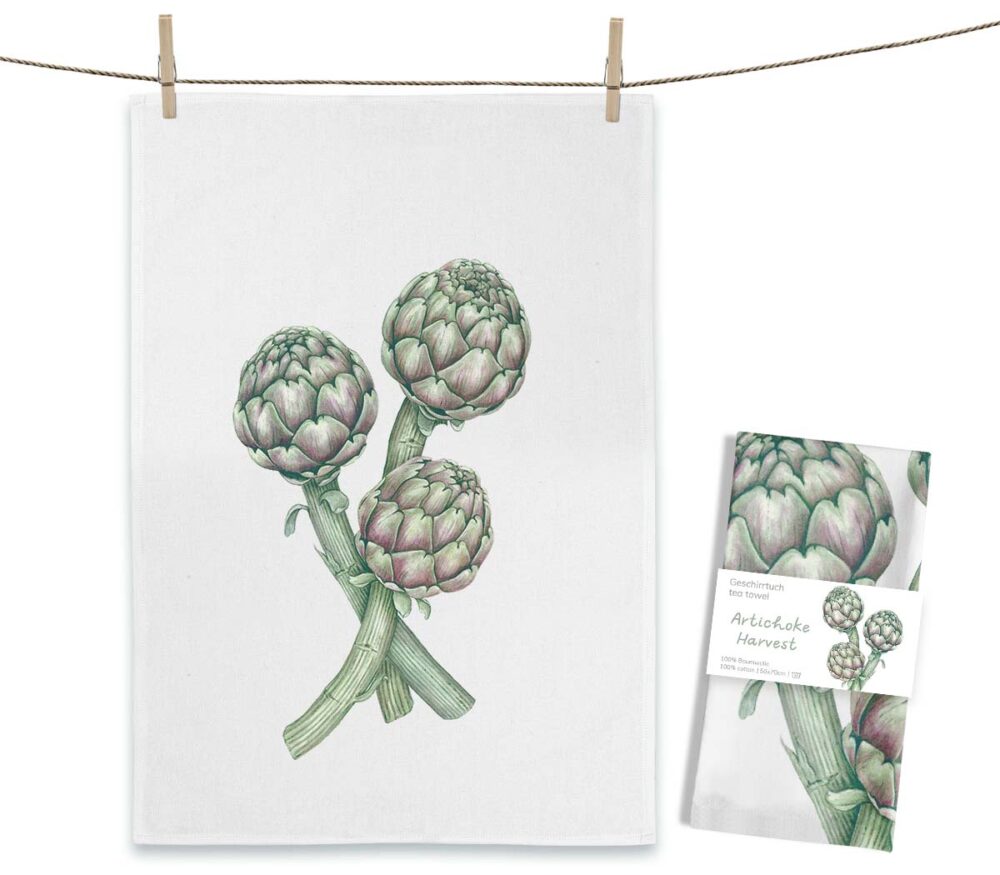 Weißes MALUU Baumwolle Geschirrtuch mit dem kulinarischen Aquarell-Motiv erntereifer, grüner Artischocken.