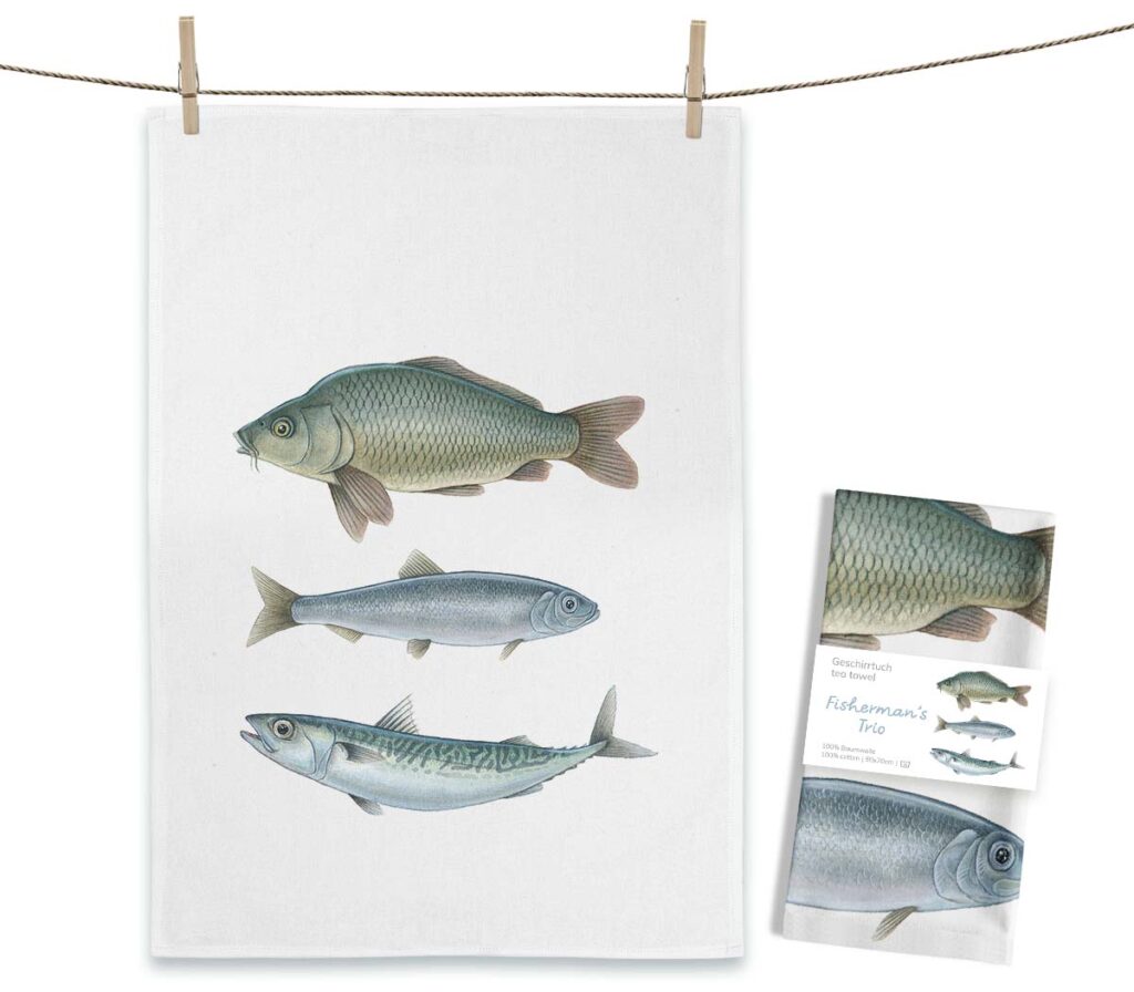 Weißes MALUU Baumwolle Geschirrtuch mit dem maritimen Aquarell-Motiv Fisherman&