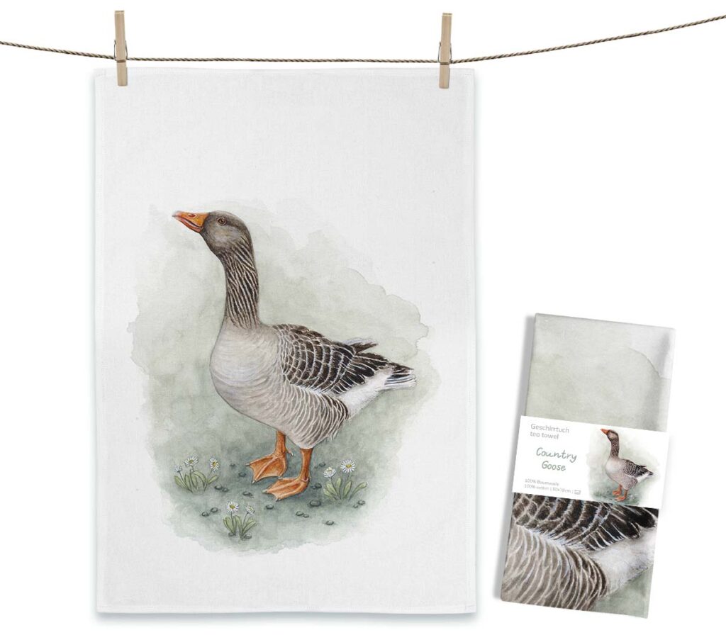Weißes MALUU Baumwolle Geschirrtuch mit dem ländlichen Aquarell-Motiv einer stolzen weißen Gans.