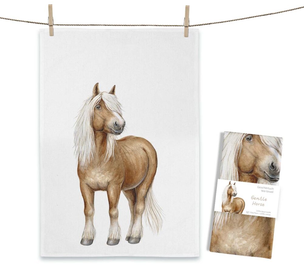 Weißes MALUU Baumwolle Geschirrtuch mit dem charakterstarken Aquarell-Motiv eines edlen Ponys mit weicher Mähne.