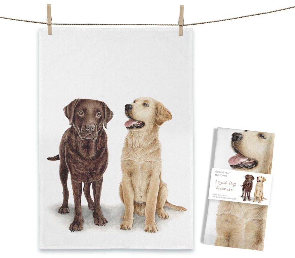 Weißes MALUU Baumwolle Geschirrtuch mit einem detailreichen Aquarell-Motiv, das einen treuen Labrador-Hund von vorne zeigt.