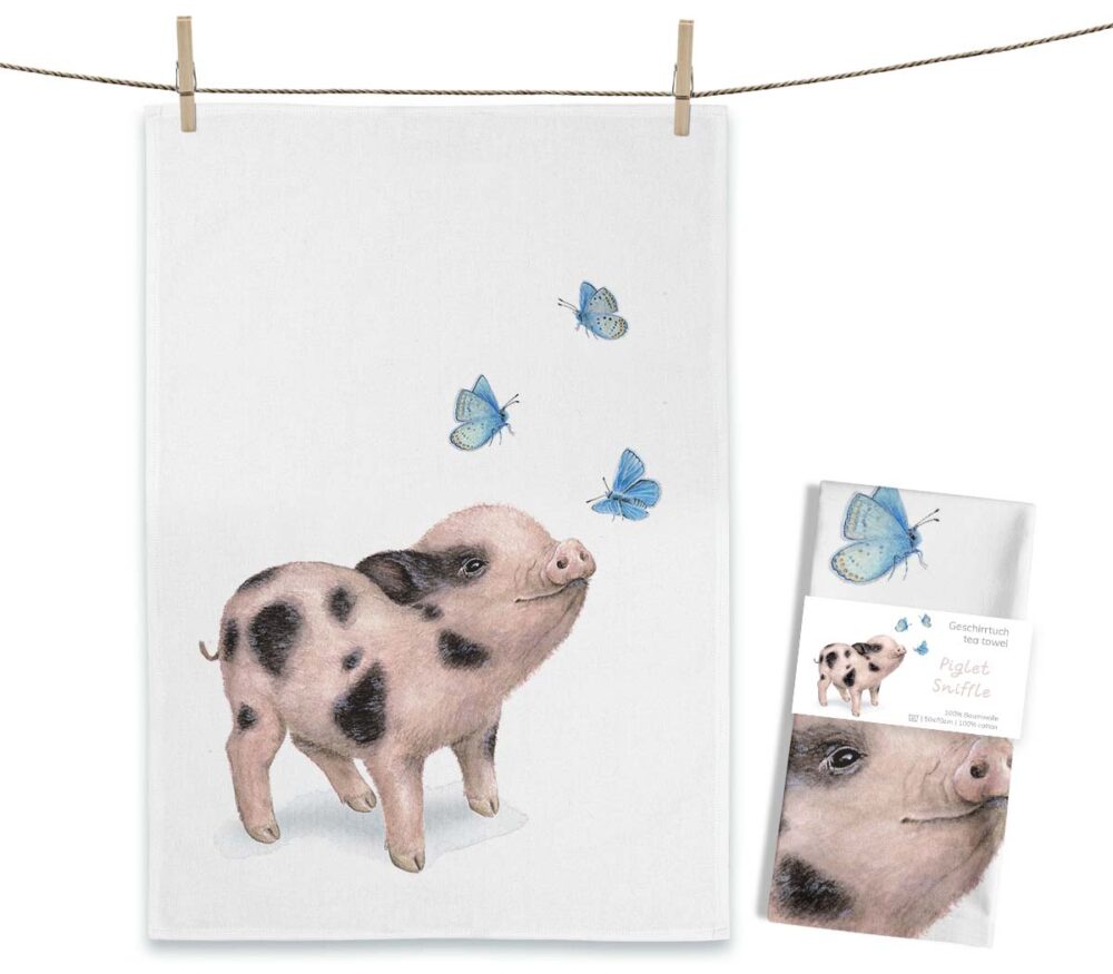 Weißes MALUU Baumwolle Geschirrtuch mit dem niedlichen Aquarell-Motiv Piglet Sniffle, das ein kleines, süßes Ferkel zeigt.