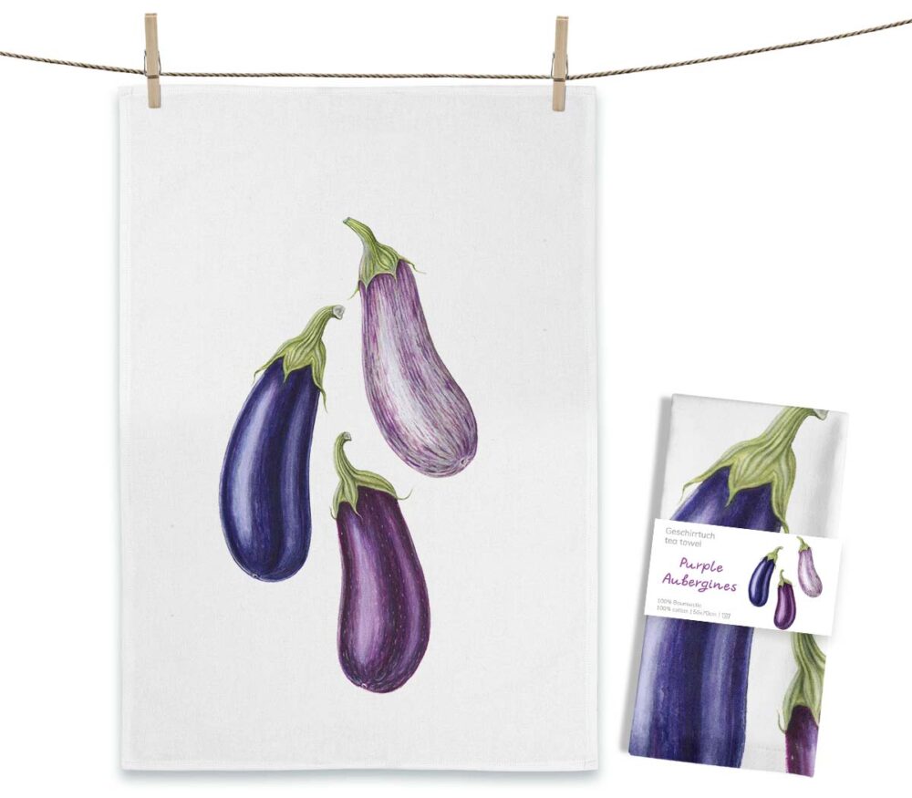 Weißes MALUU Baumwolle Geschirrtuch mit einem detailreichen Aquarell-Motiv, das eine reife lila Aubergine zeigt.