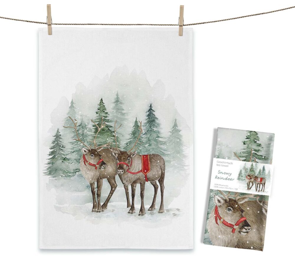 Weißes MALUU Baumwolle Geschirrtuch mit einem weihnachtlichen Aquarell-Motiv, das festliche Rentiere zeigt.