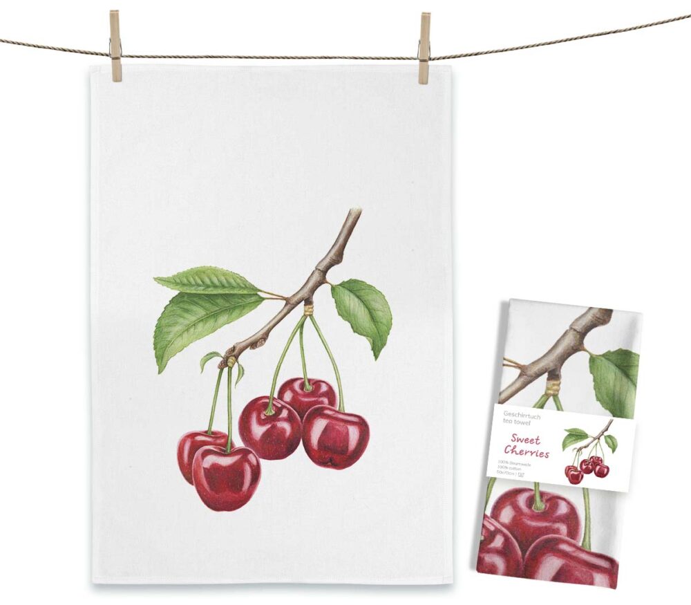 Geschirrtuch MALUU "Sweet Cherries", Kirschen, Aquarell-Design, OEKO-TEX® zertifiziert