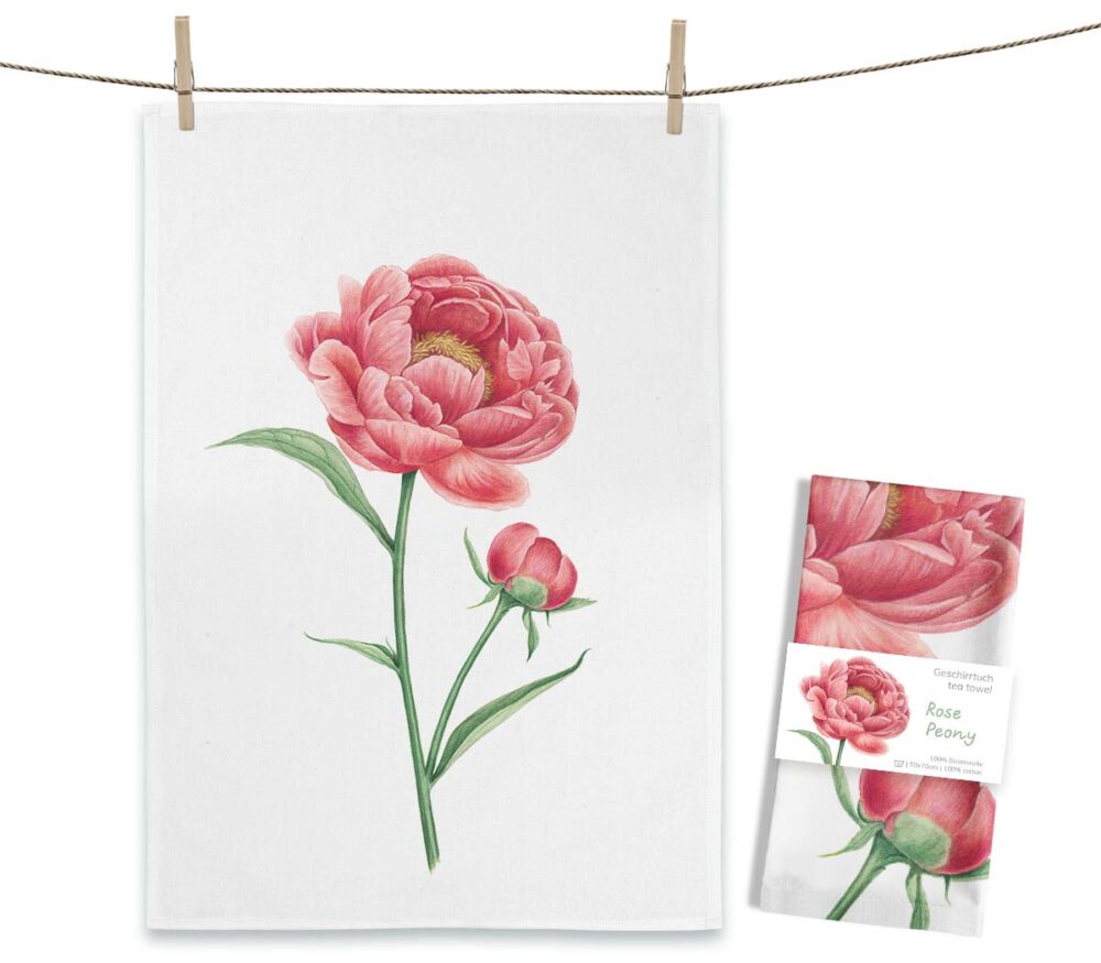 Geschirrtuch MALUU "RosePeony", Pfingstrose, Aquarell-Design, OEKO-TEX® zertifiziert