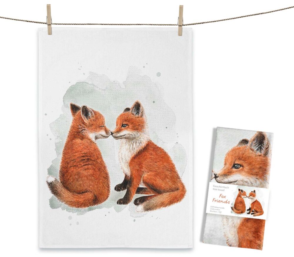 Weißes MALUU Baumwolle Geschirrtuch mit dem niedlichen Aquarell-Motiv kleiner, flauschiger Meerschweinchen.