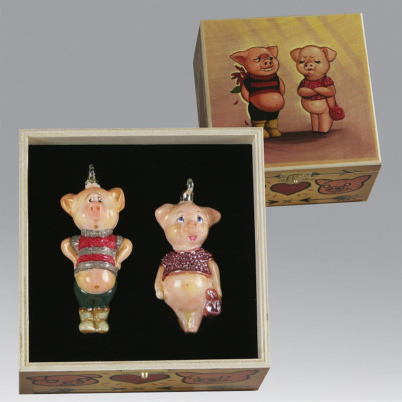 Christbaumschmuck Komozja Holzbox mit Schweinepaar
