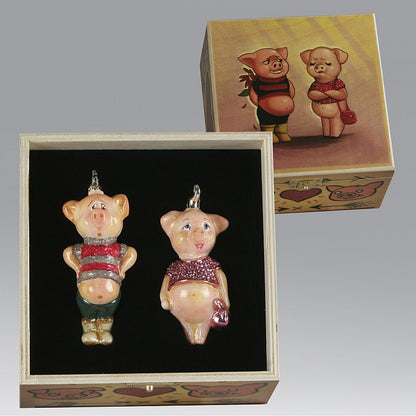Christbaumschmuck Komozja Holzbox mit Schweinepaar