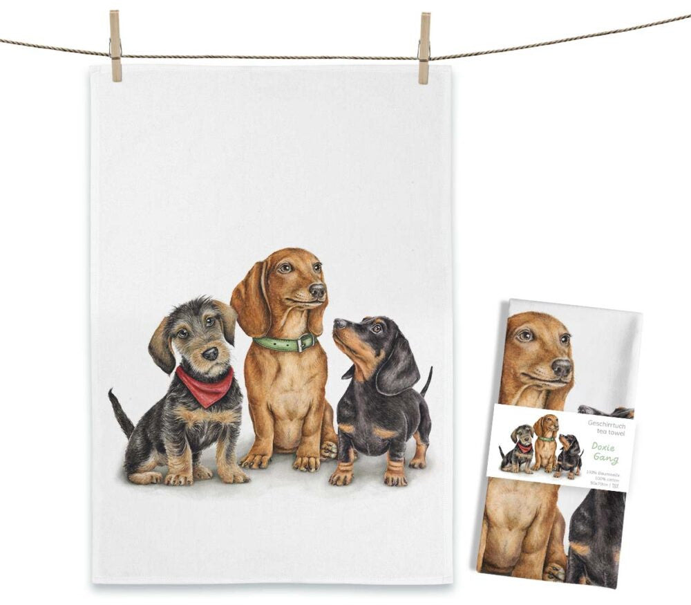 ißes MALUU Baumwolle Geschirrtuch mit dem charmanten Aquarell-Motiv Doxie Gang, das eine Gruppe süßer Dackel zeigt.