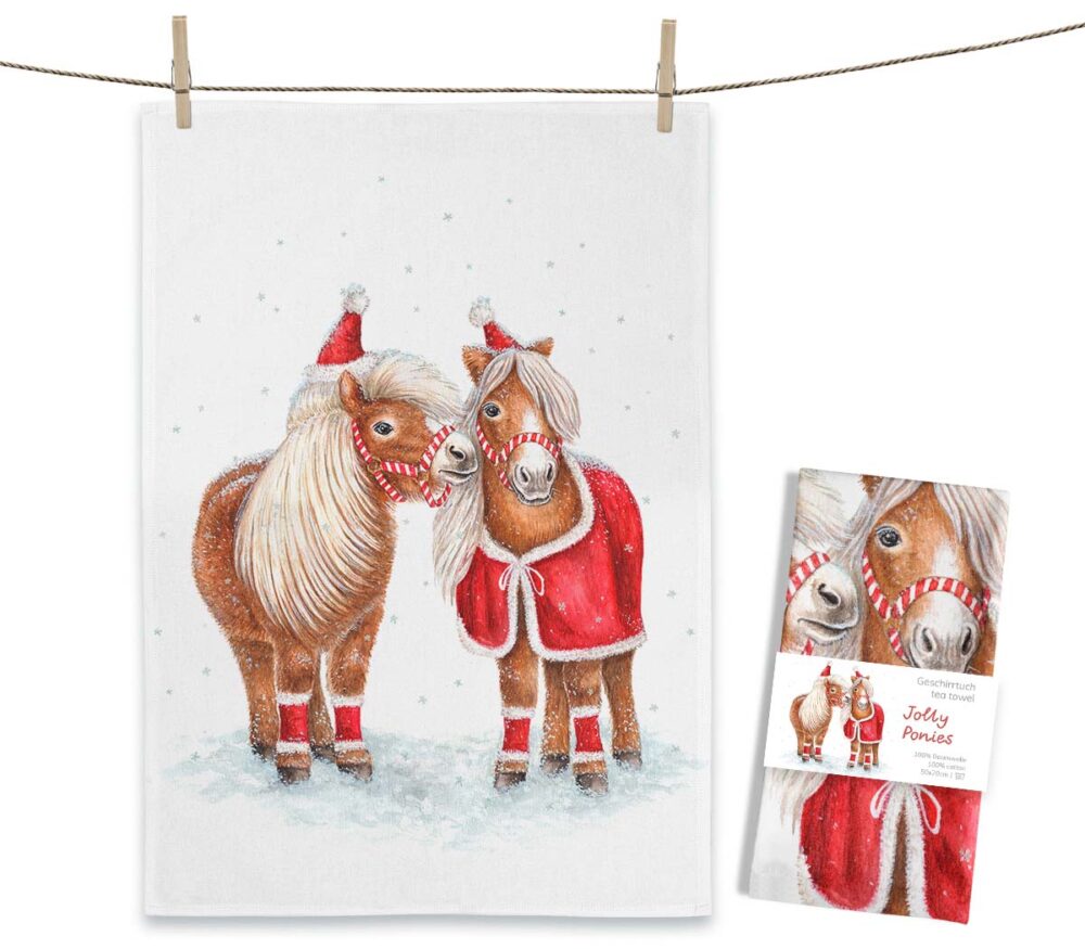 Weißes MALUU Baumwolle Geschirrtuch mit einem weihnachtlichen Aquarell-Motiv, das Ponys in einer festlichen Winterstimmung zeigt.