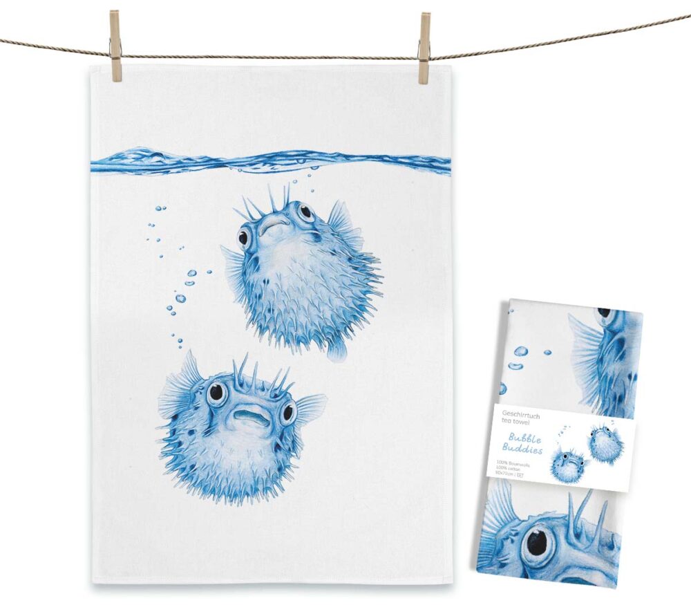 Geschirrtuch MALUU "Bubble Buddies", Kugelfische, Aquarell-Design, OEKO-TEX® zertifiziert