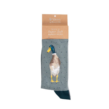 Wrendale Designs Bambussocken für Herren mit Laufenten-Motiv auf weißem Hintergrund.