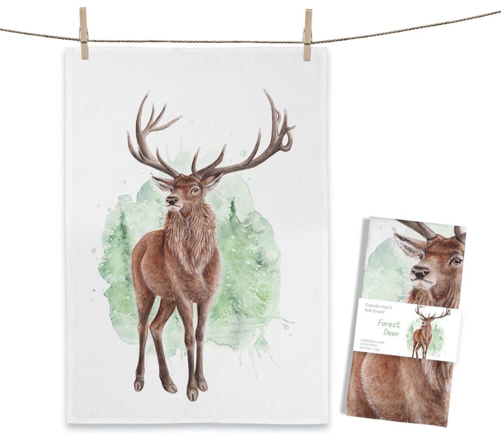 Weißes MALUU Baumwolle Geschirrtuch mit dem majestätischen Aquarell-Motiv eines stolzen Hirsches mit großem Geweih.