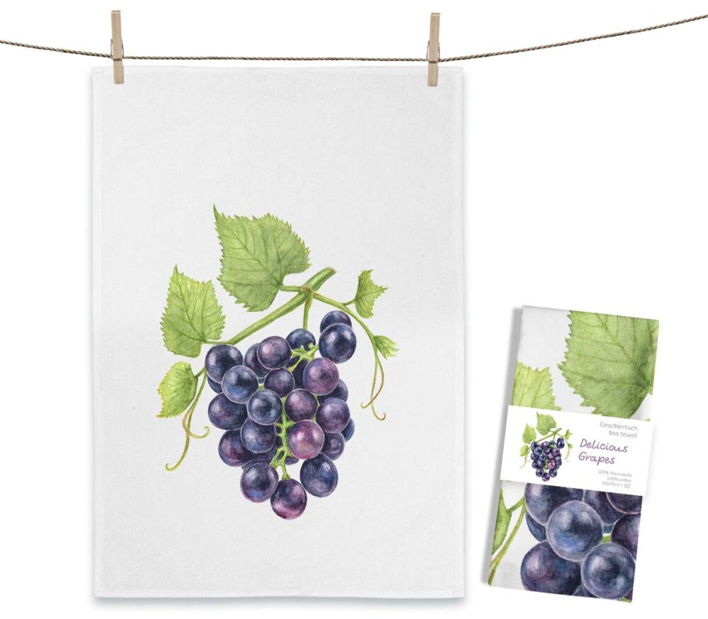Weißes MALUU Baumwolle Geschirrtuch mit dem kulinarischen Aquarell-Motiv saftiger, blauer und grüner Weintrauben.