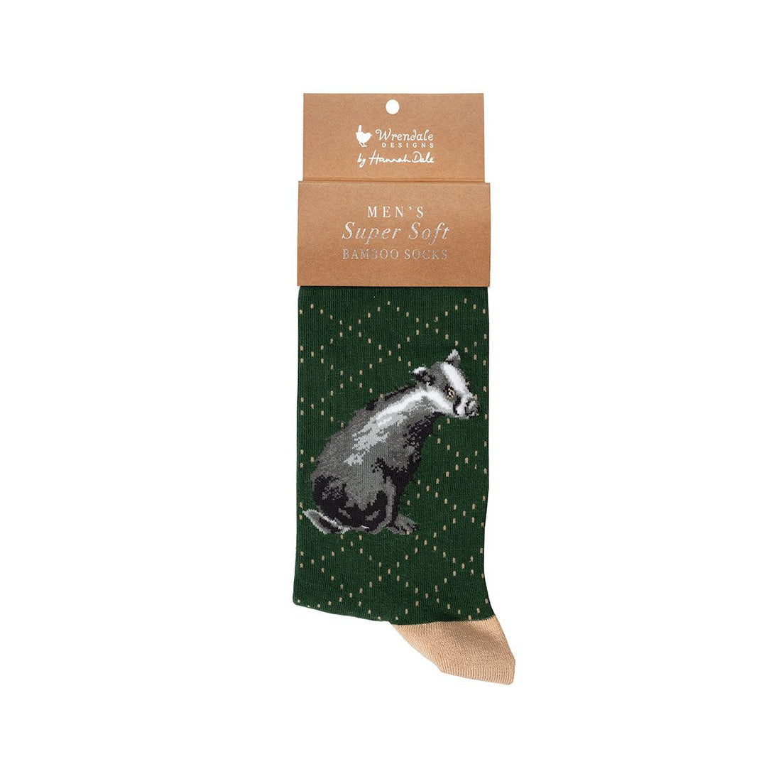 Wrendale Designs Bambussocken für Herren mit Dachs-Motiv auf weißem Hintergrund.