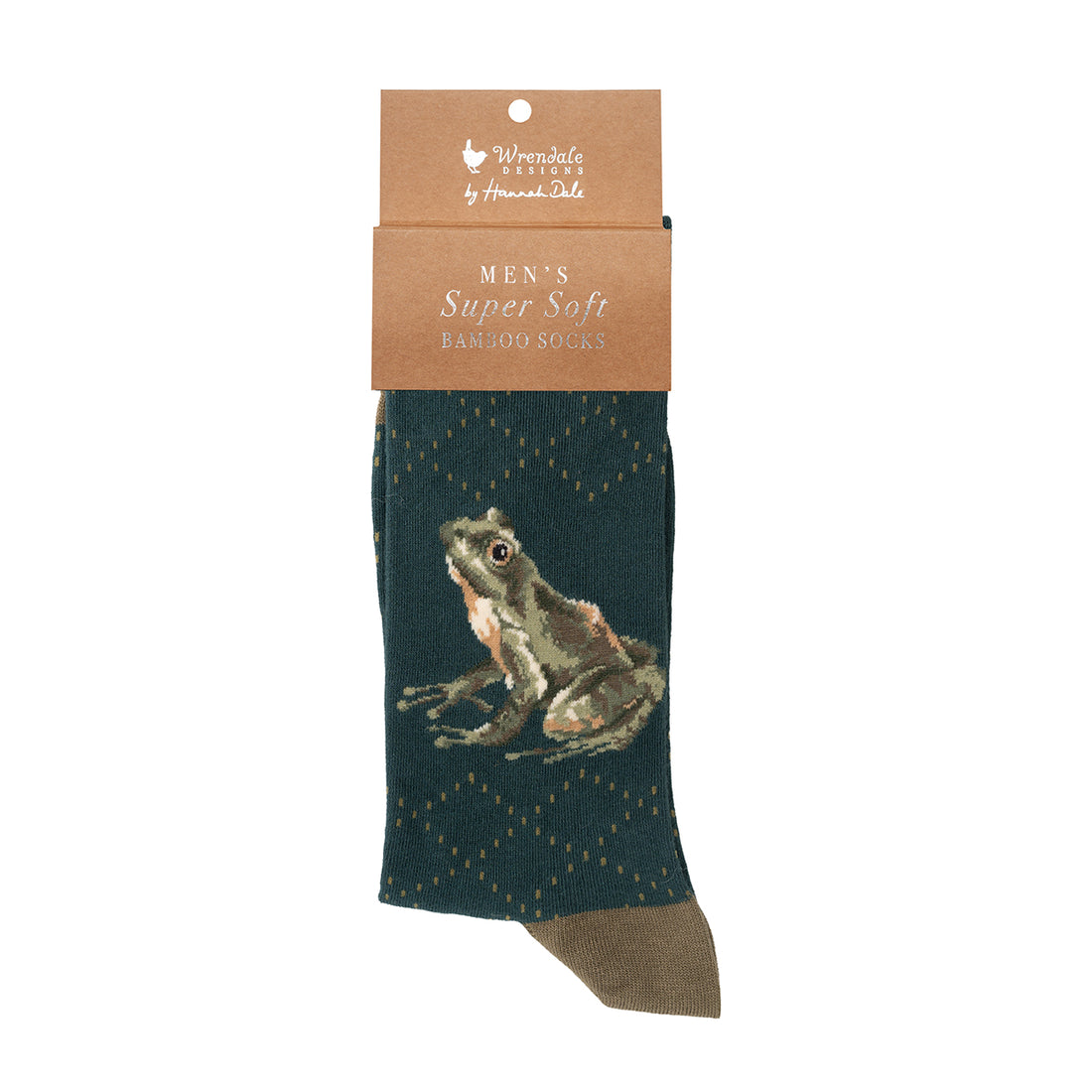 Wrendale Designs Bambussocken für Herren mit Frosch-Motiv auf weißem Hintergrund.