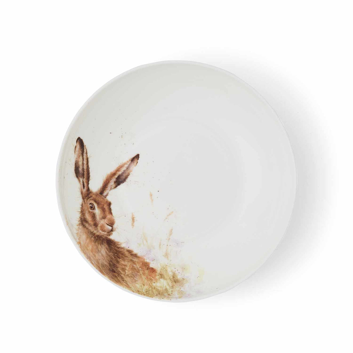 Wrendale Designs Pastateller 22cm aus Fine Bone China Porzellan mit handgemaltem Feldhasen-Motiv auf weißem Hintergrund.