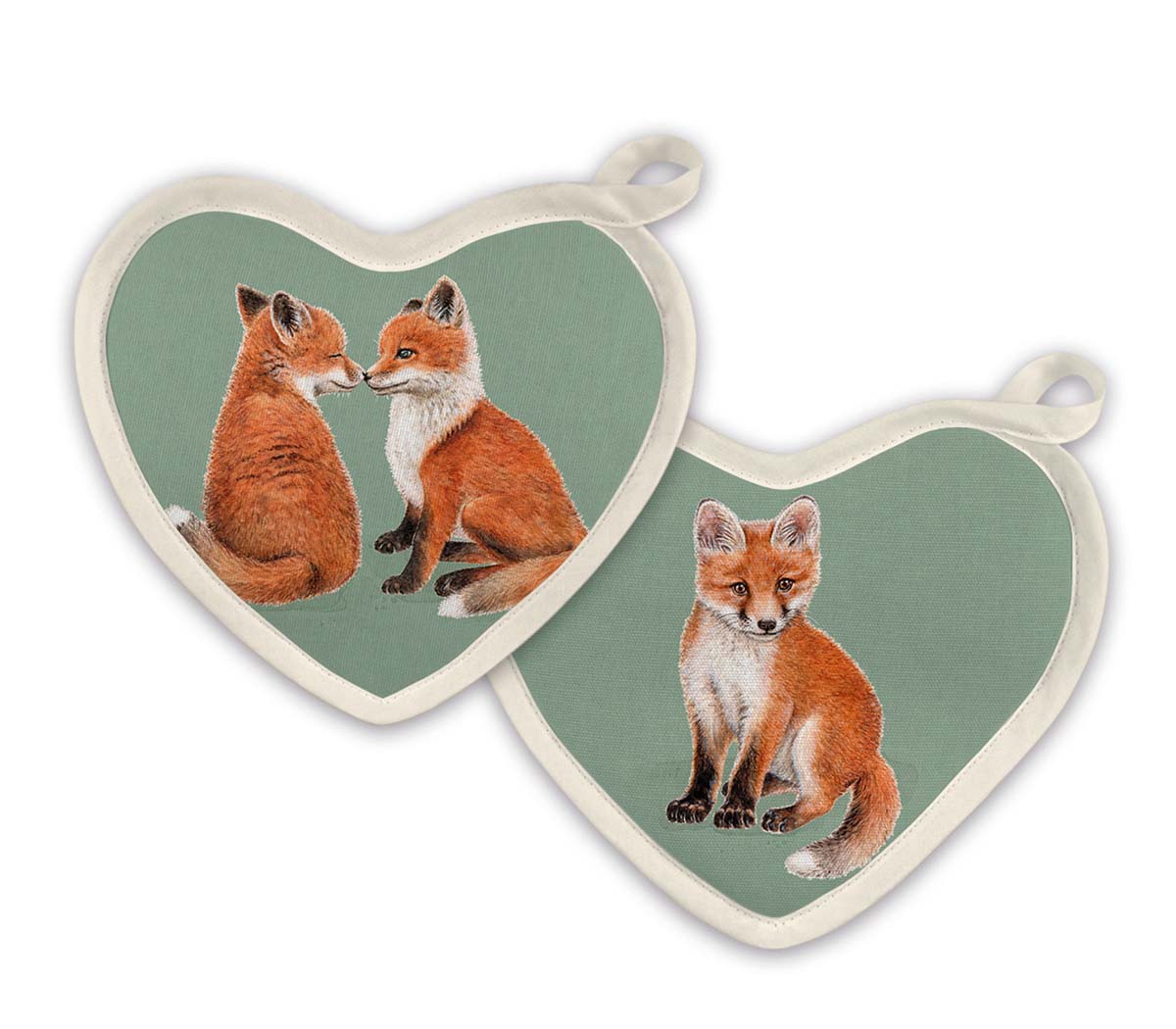 eißes MALUU Topflappen 2er-Set mit einer charmanten, handgemalten Fuchs-Familie.