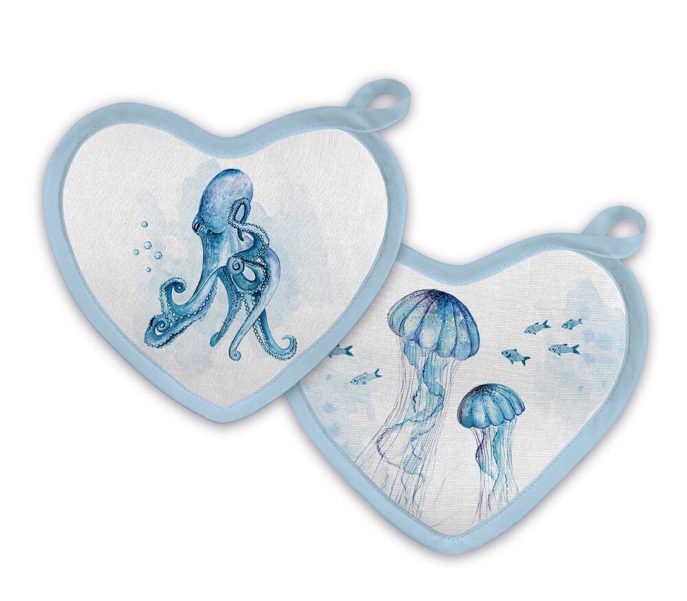 Weißes MALUU Topflappen 2er-Set mit maritimem Aquarell-Motiv von schwebenden Quallen und einem Oktopus.