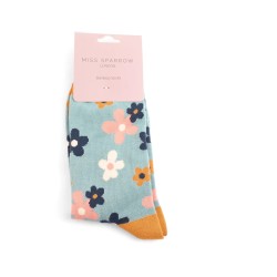 Miss Sparrow Damen Bambussocken – Blumen Motiv – Blau – Größe 36-41