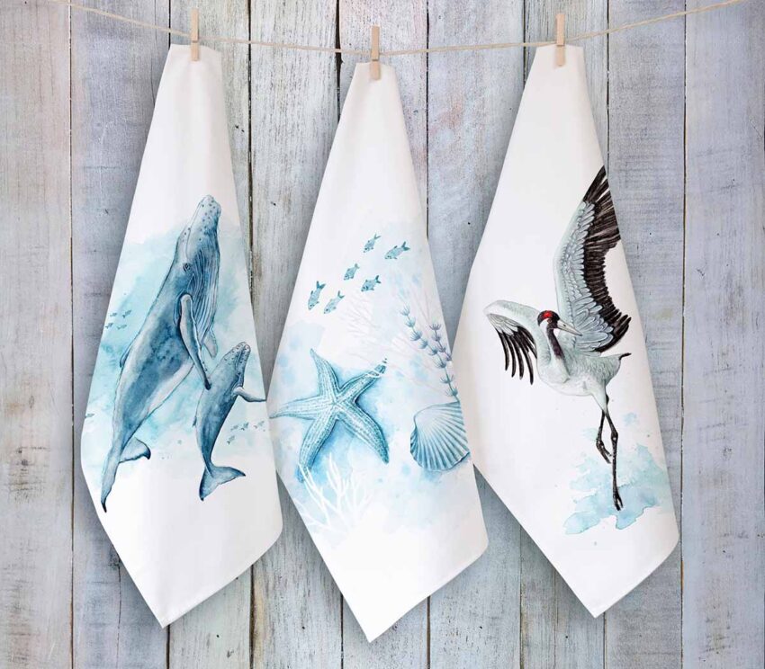 Maluu Geschirrtücher Maritim Aquarell Motive Wal Seestern Kranich