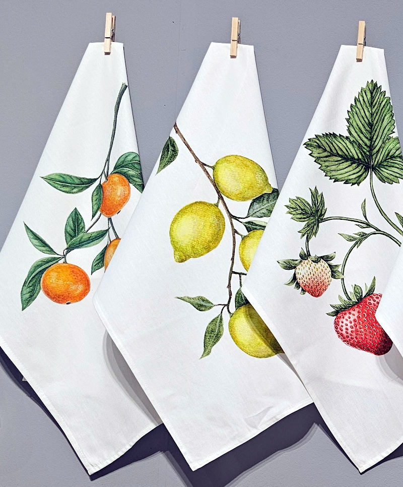 Maluu Geschirrtücher Mediterran Motive Zitrone Mandarine Erdbeere Aquarell