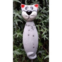 Gartenstecker Keramik-Katze grau