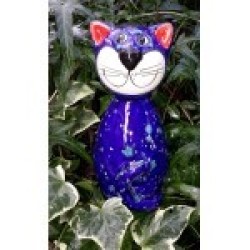 Gartenstecker Keramik-Katze mini stahlblau mit Effekten
